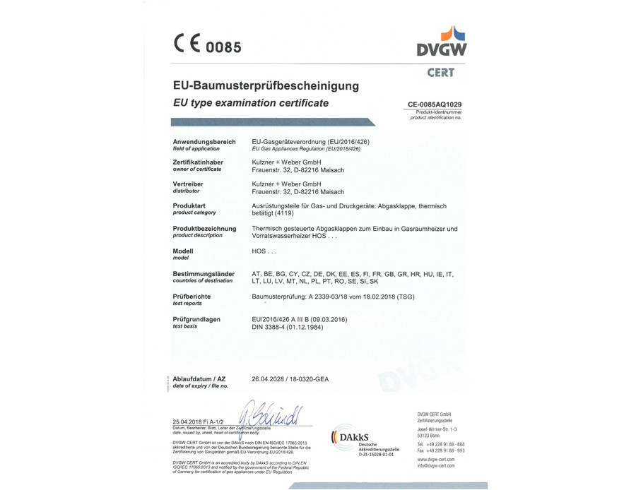 EU-Baumusterprüfbescheinigung für die thermischen Abgasklappen HOS