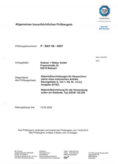Allgemeines bauaufsichtliches Prüfzeugniss ZUK 130 DW