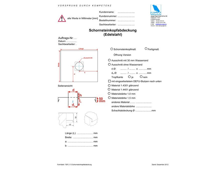 Bestellformular Schornsteinkopfabdeckung