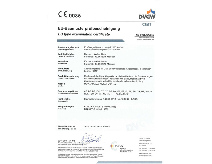 EU-Baumusterprüfbescheinigung für die mechanischen Abgasklappen MOK…AD/ADZ; MUK…; MUK…D